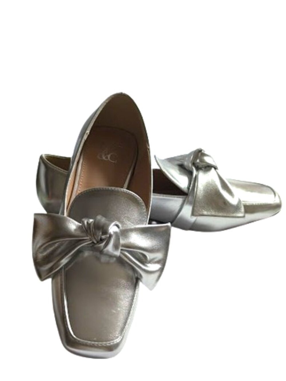 New York & Company Metallic Silver Knotted Bow Square Toe Loafers Size 7 NWOB